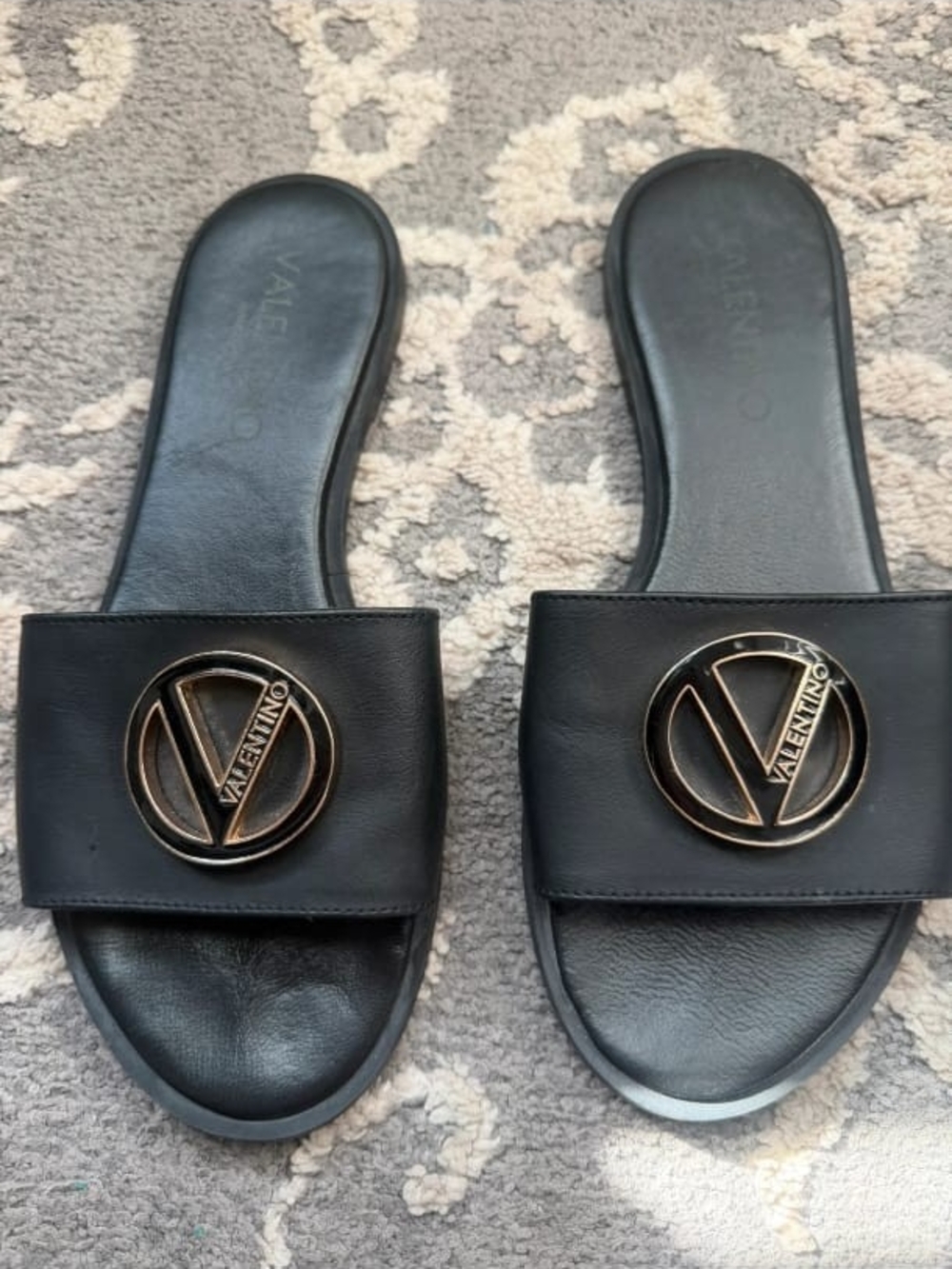 Valentino Black Slide Sandals with Gold V-Logo Medallions